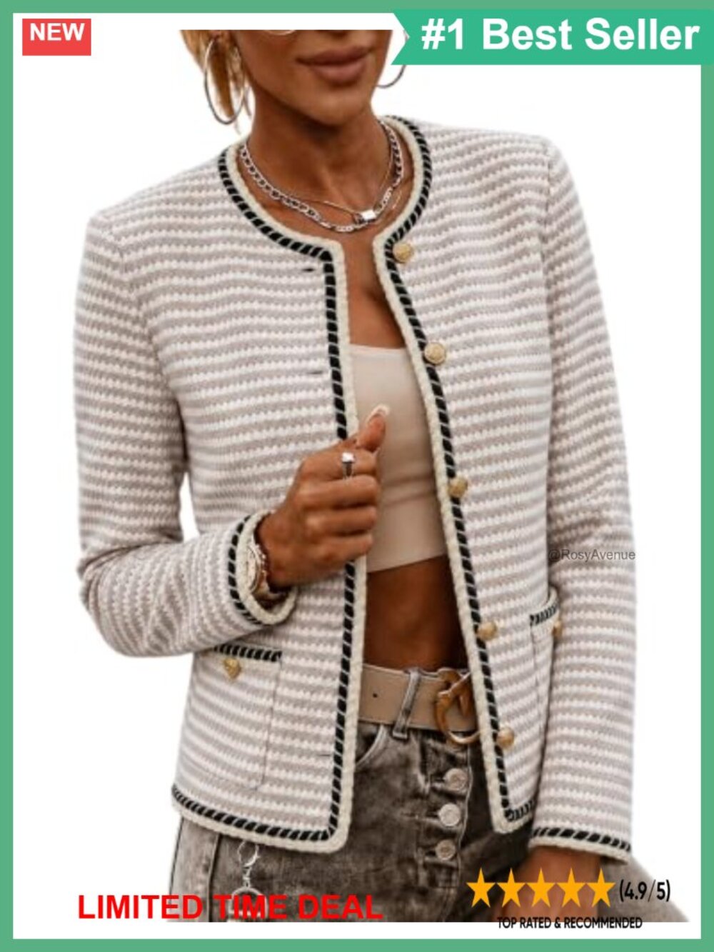 Tweed Cropped Blazer Long Sleeve Button Jacket Business Casual